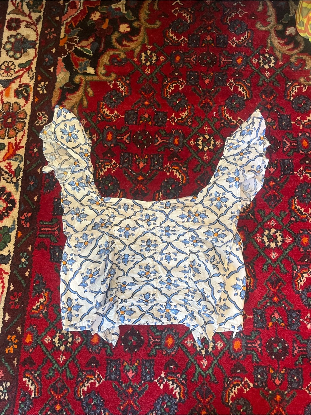 Anthropologie Blue and White Floral Square-Back Crop Top